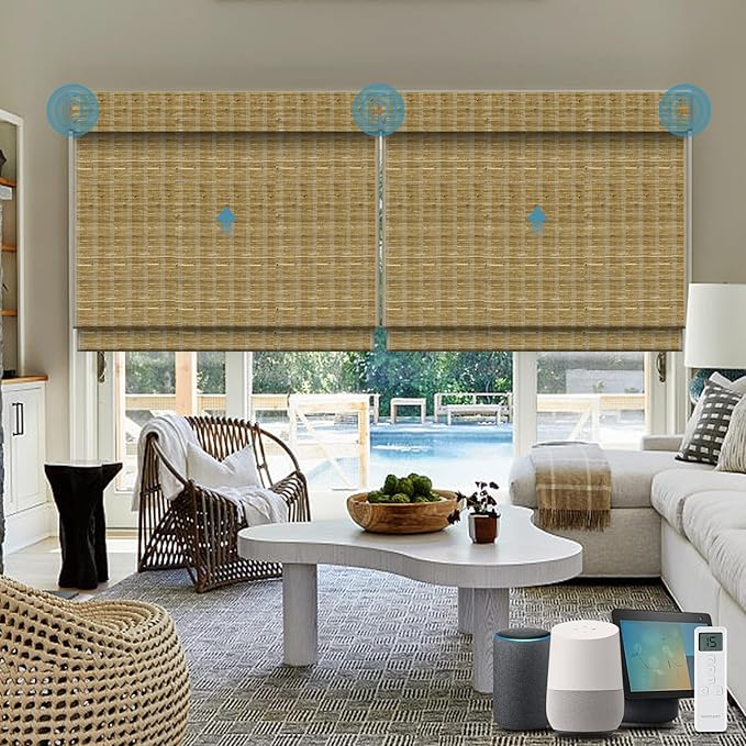 Motorized Roman Shades with Remote,Wooden Blinds Compatible with Alexa/Google/Apple Homekit,Natural Woven Wood Blinds,Electric Blinds Customized Size,Crocheting Mixture