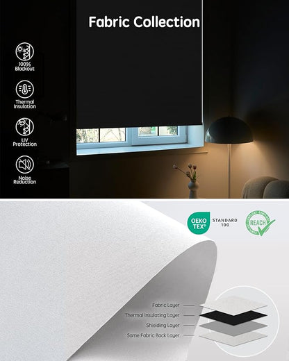 Yoolax Motorized Blinds with Remote, 100% Blackout Smart Roller Shades Work with Alexa, Google, Apple Homekit, Custom Automatic Shades with Voice Control for Bedroom Office (Fabric Grayish White)