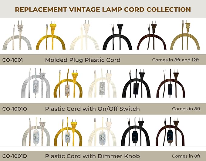 Royal Designs, Inc. 8 Foot Replacement Lamp Cord with Molded Plug and Rotary Dimmer Switch, Stripped Ends Ready for Wiring, SPT-1 Safe for USA, CO-1001D-BLK-8-1, Black