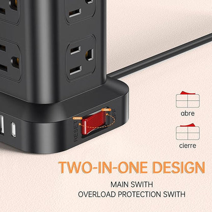 Extension Cord with Multiple Outlets, SMALLRT Surge Protector Power Strip Tower, PD 20W USB C, Outlet Extender with USB Ports 12 AC Outlets, 6.5FT Extension Cord for Home Office, Overload Protection