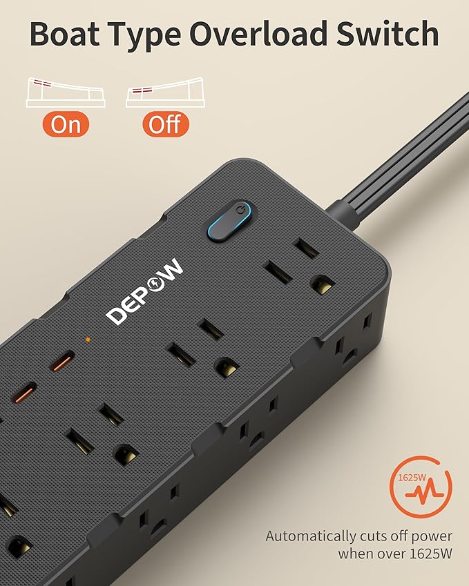 DEPOW Power Strips with Surge Protection, 5FT Extension Cord with Multiple Outlets-8 AC Outlets 4 USB Ports (2 USB C), Flag Plug, 1700 Joule Surge Protector for Home Office, Black