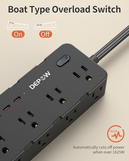 DEPOW Power Strips with Surge Protection, 5FT Extension Cord with Multiple Outlets-8 AC Outlets 4 USB Ports (2 USB C), Flag Plug, 1700 Joule Surge Protector for Home Office, Black