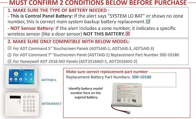 Battery Replacement for ADT Command Smart Security Panel ADT5AIO-1 ADT5AIO-2 ADT5AIO-3 ADT7AIO-1, Honeywell ADT 2X16 AIO Home Security System Keypad ADT2X16AIO-1 ADT2X16AIO-2 Battery 300-10186