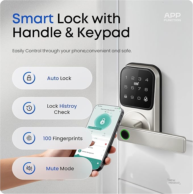 Smart Door Lock with Handle, Heittis Fingerprint Smart Lock with Touchscreen Keypad - Keyless Biometric Deadbolt Door Knob for Front Door, Bedroom, Interior or Exterior Use (Nickel, App Control)