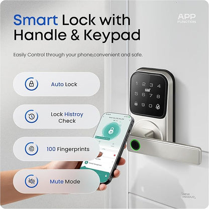 Smart Door Lock with Handle, Heittis Fingerprint Smart Lock with Touchscreen Keypad - Keyless Biometric Deadbolt Door Knob for Front Door, Bedroom, Interior or Exterior Use (Nickel, App Control)