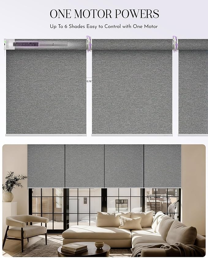 Graywind Smart Coupled Roller Shades Compatible with Alexa Google Custom Size Extra Large Motorized Blinds for Windows(Striped Grey)