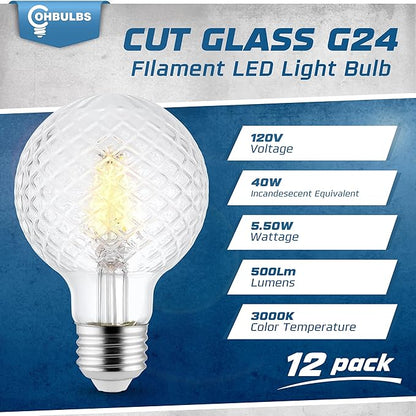 Decorative Light Bulb (12-Pack) 5.5 Watt G25 LED Filament Bulb E26 Medium Base (40W Equivalent) 3000K Warm White, 500 Lumens, Dimmable, Cut Glass Clear Decorative Light Bulbs