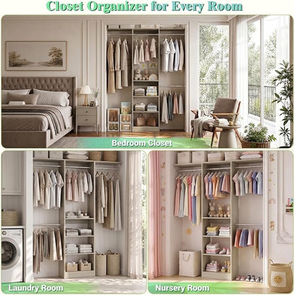 Besiost 4FT Small Closet Organizer System with 4 Hanging Rods & 3 Shelves | 48" Closet System for Small Closets, 80" H Small Closet Organizers and Storage for Bedrooms, Cloakrooms, White Oak