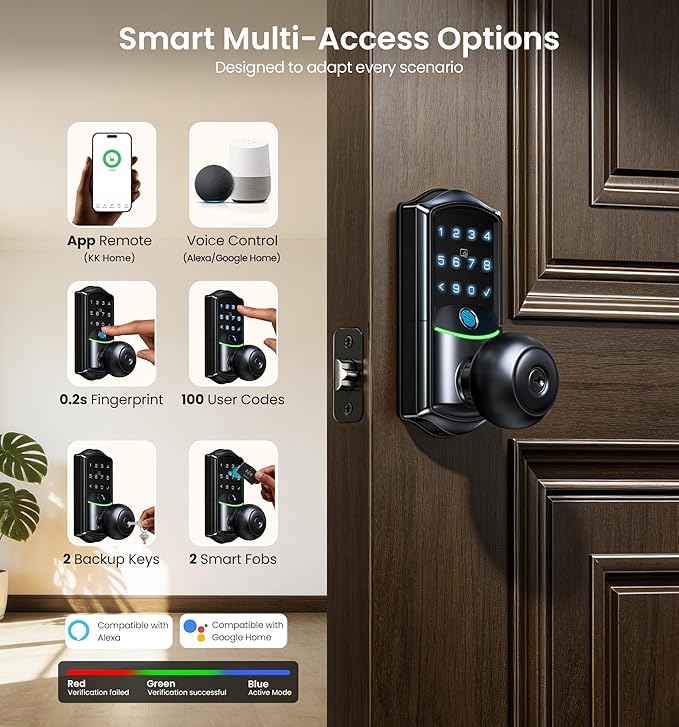 Veise VE028 Built-in Wi-Fi Smart Lock with Knob, Fingerprint Keyless Entry with Handle, App Remote & Voice Control, Electronic Digital Keypad for Front Door and Bedroom, IP65 Waterproof, Matte Black