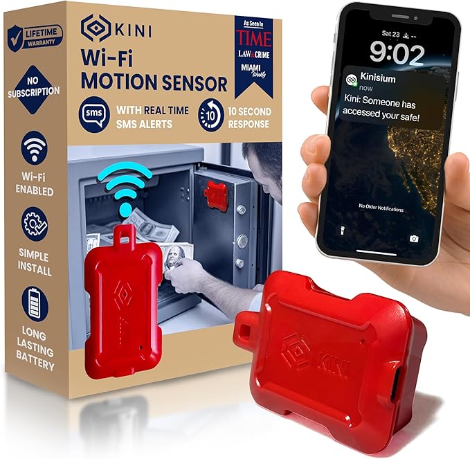 Kini Safe Alert Wi-Fi Motion Sensor Alarm - Real-Time App, SMS & Email Alerts - Gun Safes, Cabinets, Drawers - Easy Install, No Subscription, Rechargeable 12-18 Month Battery, IFTTT, USA-Made