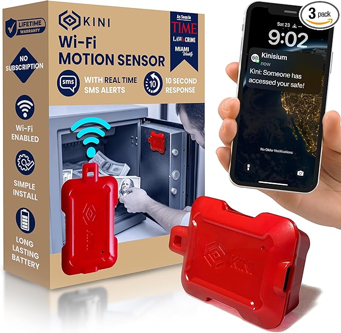 Kini Safe Alert Wi-Fi Motion Sensor Alarm - Real-Time App, SMS & Email Alerts - Gun Safes, Cabinets, Drawers - Easy Install, No Subscription, Rechargeable 12-18 Month Battery, IFTTT, USA-Made