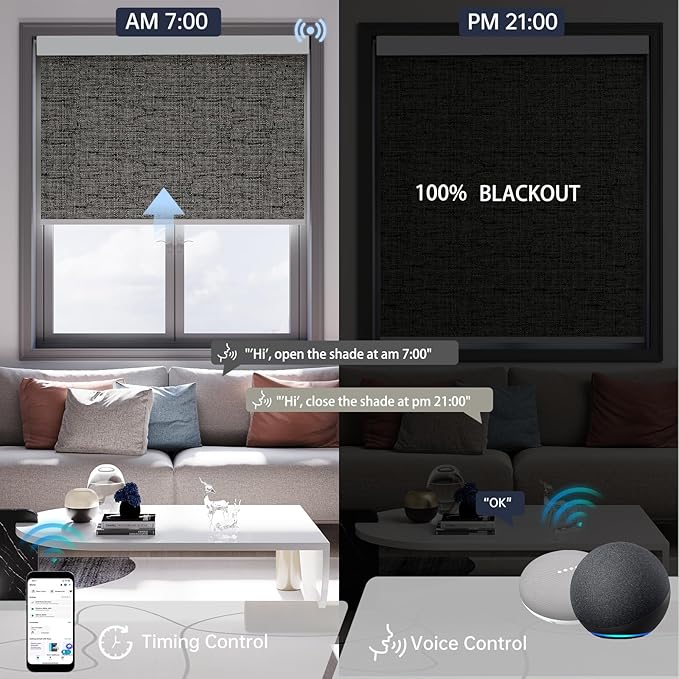 Motorized Blinds with Remote, Blackout Smart Blinds for Windows Automatic Roller Shades Compatible with Alexa, Motorized Shades Customized for Bedroom Home Office (Blackout-Dark Gray)