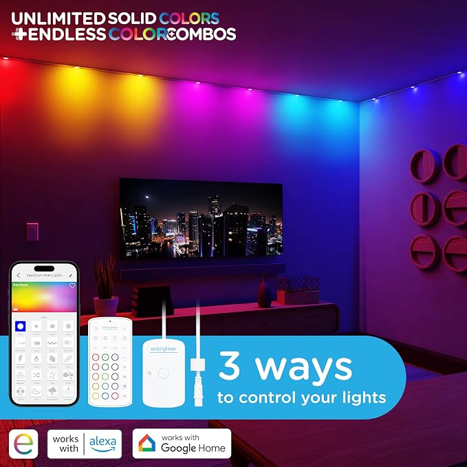 Enbrighten Vibe Spectrum LED Wall Light Smart Lighting Indoor String | Downlight, RGB Lights for Room, Works with Alexa, Google Home, 12ft with 12 LEDs, White 85832