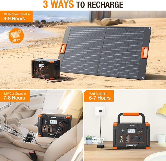 Portable Power Station 500W(Peak 1000W), 519Wh Outdoor Solar Generator