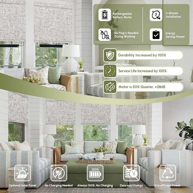 FineTell Motorized Blinds with Remote, 100% Blackout Roller Shades Compatible with Alexa,Apple Homekit,Google Home APP and Voice Control, Customized Electric Blinds (100% Blackout Mist Ash Grey)