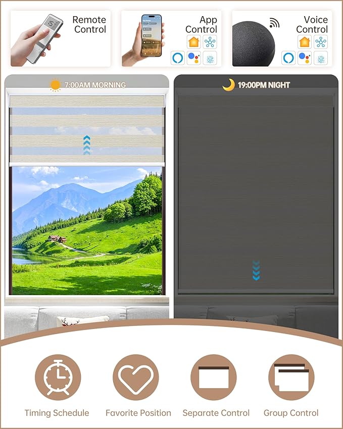 Kincmo Motorized Blinds with Remote, Motorized Zebra Shades Work with Apple Homekit,Alexa,Google Home, Customized Electric Blinds with Remote,App,Voice Control (70% Blackout Galaxy Beige)