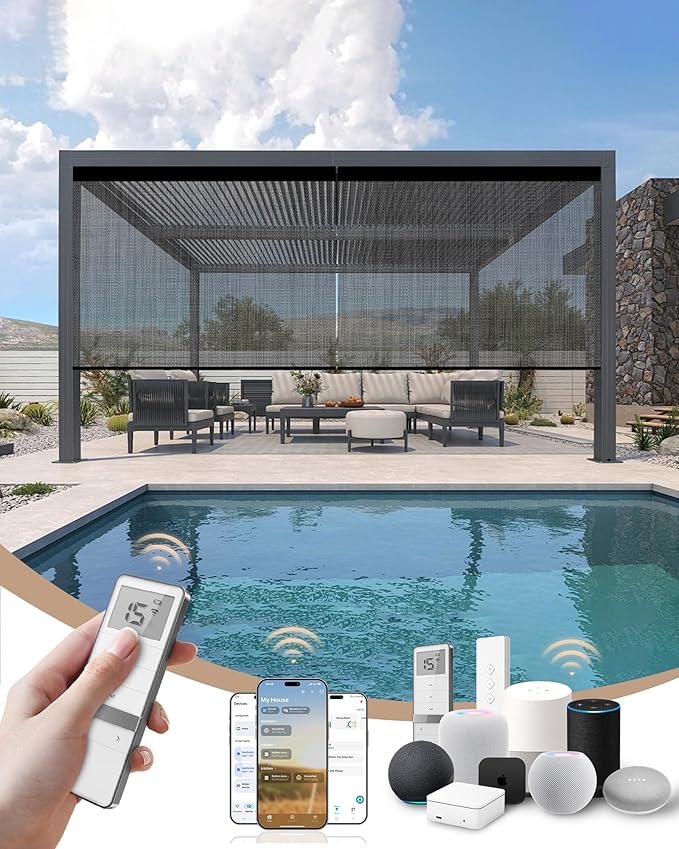 Kincmo Motorized Outdoor Shades for Patio Porch, Custom Outdoor Motorized Blinds with Remote, Waterproof & Windproof Patio Shades Work with Apple Homekit,Alexa,Google (5% Openness Texture Medium Grey)