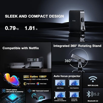 【Officially-Licensed APP & Native 1080P】Thinnest 1.81" Smart Mini Projector Lens LHD with WiFi and Bluetooth, Auto Focus & Keystone Portable Outdoor Projector, VOPLLS 4K Home Movie Projector Lens
