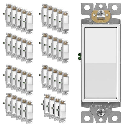 ENERLITES Decorator Paddle Rocker Light Switch, Gloss Finish, Single Pole, 3 Wire, Grounding Screw, Residential Grade, 15A 120V/277V, UL Listed, 91150-W-40PCS, White (40 Pack)