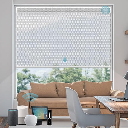 SmartWings Motorized Smart Blinds for Windows in Light Filtering, Electric Remote Roller Shades Compatible with Alexa/Google Home/Homekit, Custom Up to 110”W x 148”H, 5% Openness Aventus White Grey