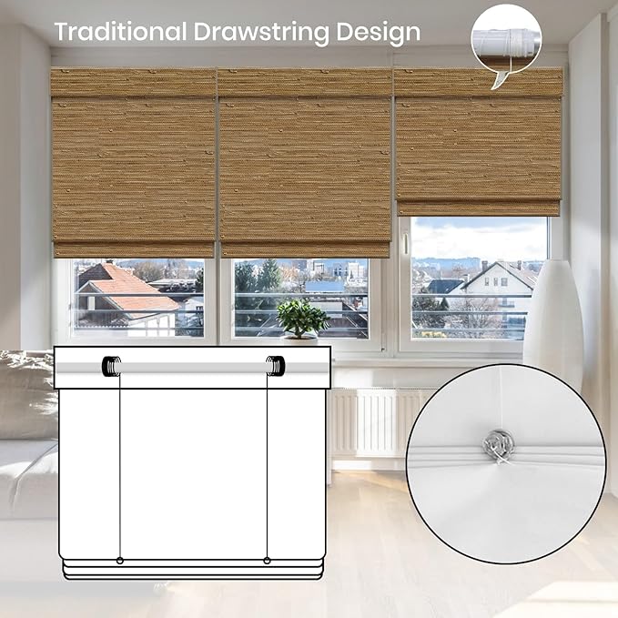 Motorized Roman Shades with Remote,Wooden Blinds Compatible with Alexa/Google/Apple Homekit,Natural Woven Wood Blinds,Customized Size,Crocheting Dark Brown
