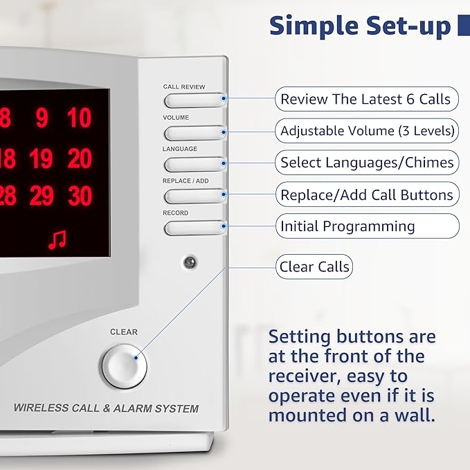 Nurse Call System Caregiver Pager Call System with 10 Dual Function Call Buttons and 1 Central Monitoring Unit for Clinic Restaurant Assisted Living Nursing Home Patients Residents