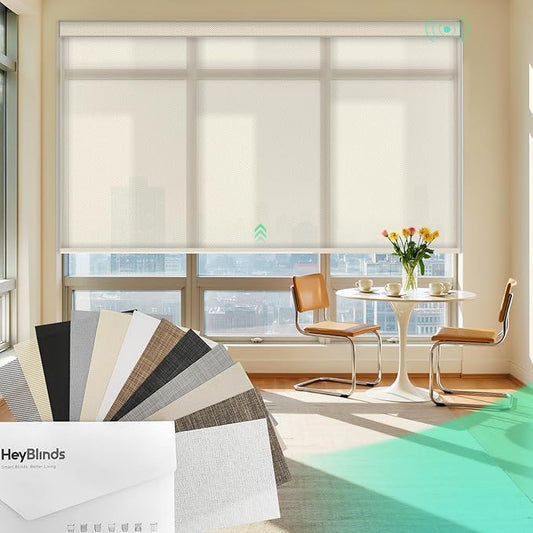 HeyBlinds Motorized Solar Shades with Remote, Light Filtering Mesh Roller Shades, Flame Retardant Smart Blinds, UV Blocking, Alexa Google HomeKit Compatible (Solar Shades Fabric Samples)