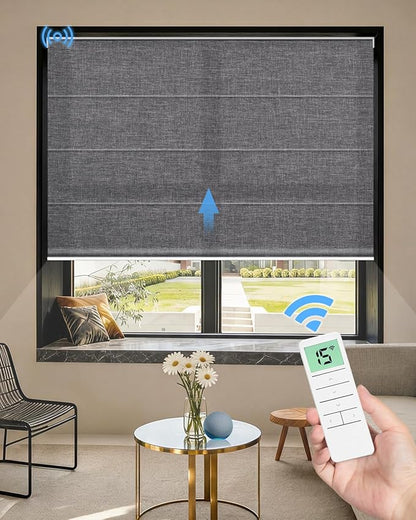 Motorized Roman Shades for Windows, Custom Light Filtering Roman Blinds with Remote, Smart Privacy Window Shades for Living Room Kitchen Office, Alexa & Google Home Compatible, App Control via RF Hub