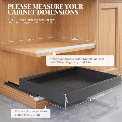 Seinloes 4 Pack Expandable Pull Out Cabinet Organizer 21"Deep With Raising Pad for Framed Cabinets,Upgrade 3 Slide Rails Slide Out Drawers,No Drill Roll Out Shelves,Adjustable Width 12.1"-20.4" Black