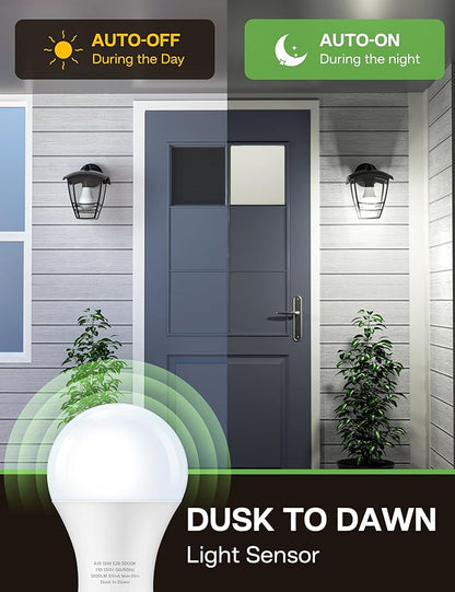 Dusk to Dawn Sensor LED Outdoor Light Bulb, Daylight White 5000K, A19 13W(100 Watt Equivalent) Bright Porch Lighting, 1200LM, Auto-On/Off Photocell Sensor for Garage Yard Patio Garden- 6 Pack