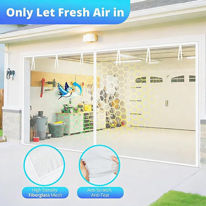 FEGO White Garage Door Screen for 2 Car 16x7FT, Magnetic Screen Doors with Retractable Fiberglass Mesh and Heavy Duty Weighted Bottom, Easy Assembly & Pass, Hands Free Screen Door for Entry Door