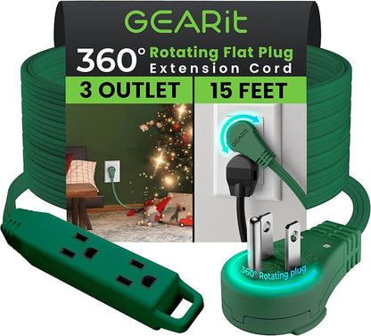 GEARit 15 ft 360° Rotating Flat Plug Extension Cord, 3 Outlet Low Profile Power Cord, 16 AWG 13A 3 Prong Grounded Indoor Cord, ETL Listed, Space-Saving for Furniture, Green