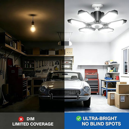 BRAINIAC LED Garage Light Bulb 150W 15000LM Deformable Garage Lights Ceiling led with 6 Adjustable Panels, E26/E27 Screw in Shop Lights for Basement Barn Porch