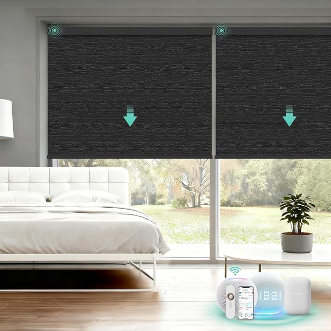 Motorized Blinds with Remote, Blackout Smart Automatic Electric Blinds for Windows Compatible with Alexa Homekit, Cordless Indoor Motorized Roller Shades with Custom Size（Black Luminous）