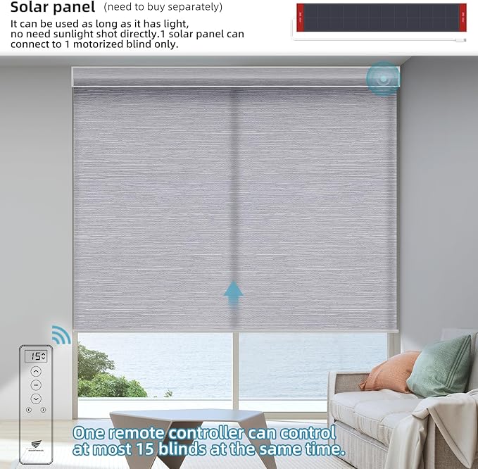 SmartWings Motorized Light Filtering Blinds Work with Homekit Thread Z-Wave Alexa, 70% Blackout Electric Smart Window Shade Translucent, Cordless with Remote Control, Up W110 x H148, Essential Grey