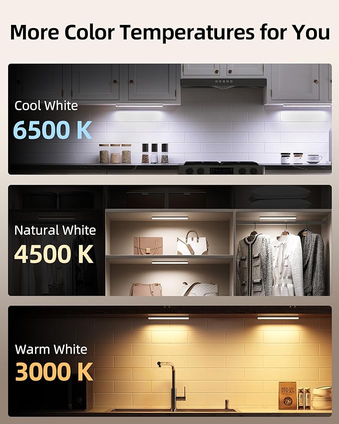 EZVALO 3-Pack Under Cabinet Lighting, 2000mAh Rechargeable Wireless Motion Sensor Lights, 62LEDs, 3 Color Temps, Dimmable, Timer, Magnetic, with Remote Control for Kitchen, Closet, Stair