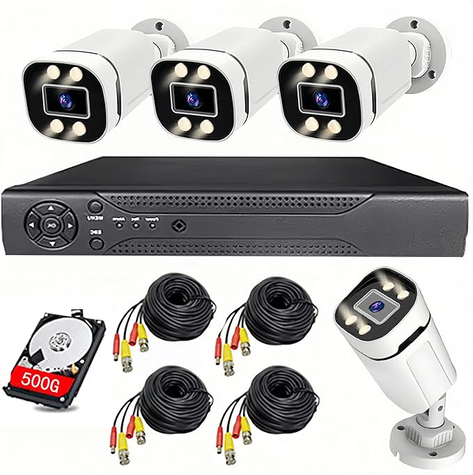 Home Security System 4Ch DVR Kits with 4pcs 1080P Waterproof Bullet Analog AHD TVI CVI Camera 3MP Lens Color Night Vision Outdoor Surveillance Wired CCTV Set (Include 500GB HDD) 24/7 Recording