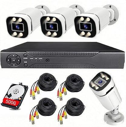 Home Security System 4Ch DVR Kits with 4pcs 1080P Waterproof Bullet Analog AHD TVI CVI Camera 3MP Lens Color Night Vision Outdoor Surveillance Wired CCTV Set (Include 500GB HDD) 24/7 Recording