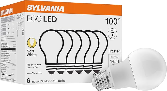 Sylvania ECO LED A19 Light Bulb, 100W Equivalent, Soft White - 6 Pack & LED Light Bulb, 60W Equivalent A19, Efficient 8.5W, Medium Base, Frosted Finish, 800 Lumens, Bright White - 4 Pack