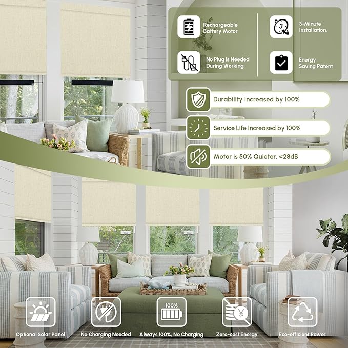 FineTell Motorized Blinds with Remote, 100% Blackout Roller Shades Compatible with Alexa,Apple Homekit,Google Home APP and Voice Control, Customized Electric Blinds (100% Blackout Dual Sided Beige)