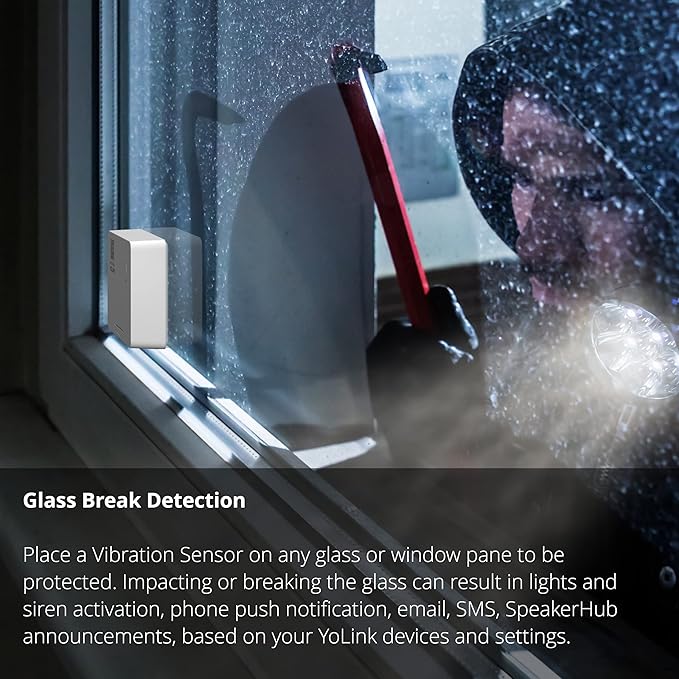 YoLink LoRa Smart Vibration Sensor; Smart Shock, Glass Break, Tamper, Movement Detector, Generator Running, Email/SMS/Push Alerts, 1/4 Mile Open Air Range, Alexa, Hub is not Included