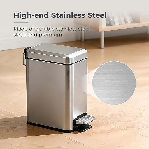 Sineng Bathroom Trash Can with Lid Soft Close, 1.6 Gallon Stainless Steel Small Pedal Garbage Can with Removable Inner Bucket, Waste Bin for Kitchen Bedroom, Compact Toilet Trash bin, White