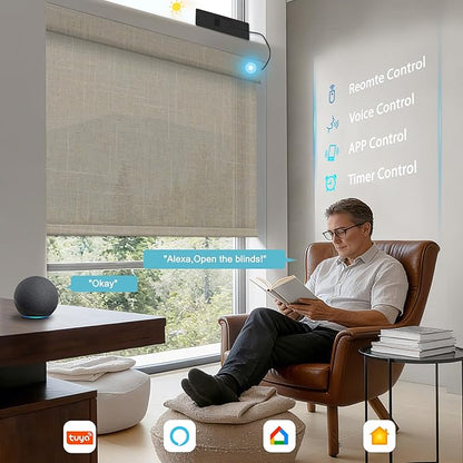 BERISSA Smart Motorized Blinds with Remote,No Drill Automatic Roller Blinds for Indoor Windows,Filter Linen Fabric,Electric Shades for Windows Home Office,See-Through Linen Beige,Custom Size
