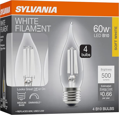 Sylvania B10 Clear LED White Filament Bulb, 5.5W, Dimmable, 500 LMS, Medium Base, 2700K, Soft White - 4 Pack (42256)
