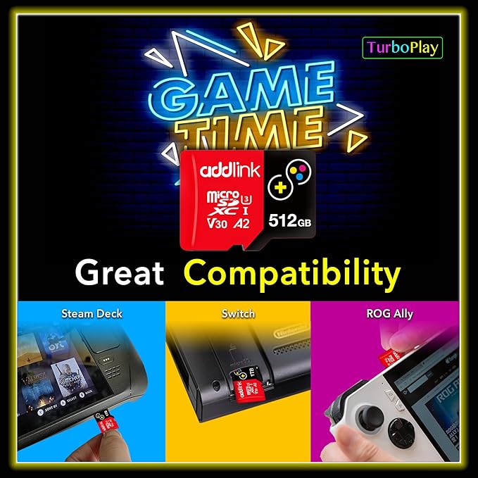 addlink 512GB Micro SD Card for Gaming Nintendo-Switch 1 4K Camera Pro A2 V30 for Smartphone, Gopro, Action Cams, 4K UHD Video Recording Up to 100MB/s, UHS-I U3 C10 Class 10 with Adapter