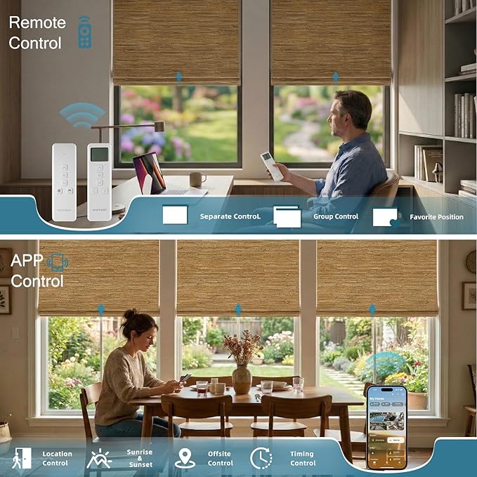 Motorized Roman Shades with Remote,Wooden Blinds Compatible with Alexa/Google/Apple Homekit,Natural Woven Wood Blinds,Customized Size,Crocheting Dark Brown