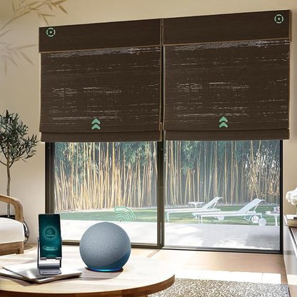 Yoolax Motorized Bamboo Roman Shades with Remote, Smart Roman Shades for Indoor Windows, Light Filtering Automatic Blinds Work with Alexa, Google Home, Apple Homekit, Customized (Bamboo Cocoa)