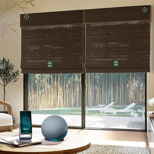 Yoolax Motorized Bamboo Roman Shades with Remote, Smart Roman Shades for Indoor Windows, Light Filtering Automatic Blinds Work with Alexa, Google Home, Apple Homekit, Customized (Bamboo Cocoa)