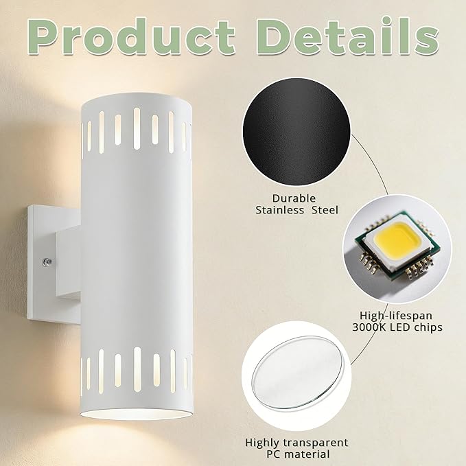 Modern Outdoor Wall Lights, 12'' Up and Down LED Cylinder Wall Mount Fixture, 23W 3000K Warm White IP65Waterproof Exterior Wall Sconces for Porch, House, Garage, Patio, White