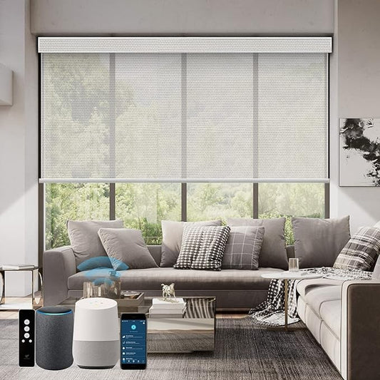 SmartWings Motorized Roller Shades 5% Openness Work with Homekit, Alexa SmartThings Google, Zigbee Motor Smart Blinds for Windows, Cordless Remote Control Window Shades, Rechargeable, Customized, Ice
